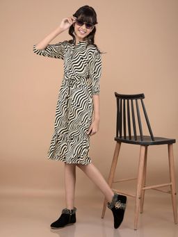 CRIMSOUNE CLUB - Girls Beige Abstract Print Midi Shirt Dress with Belt