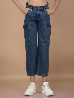 CRIMSOUNE CLUB - Girls Navy Blue Relaxed Fit Crop Length Cargo Jeans