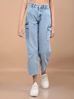 CRIMSOUNE CLUB - Girls Blue Relaxed Fit Crop Length Cargo Jeans