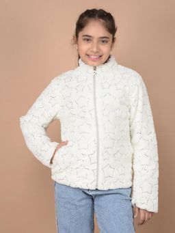 CRIMSOUNE CLUB - Girls White Embellished High Neck Fur Jacket