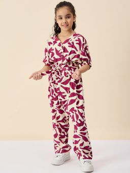 Stylo Bug - Girls Flower Print V-Neck Half Sleeves Ankle Length Belted Jumpsuit