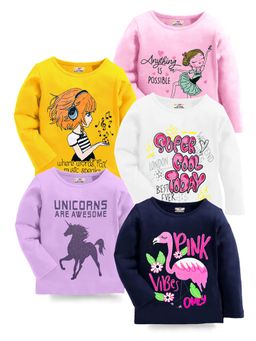 Kuchipoo - Multi-Color Girls Regular Fit Full Sleeves Graphic Print T-Shirt (Set of 5)