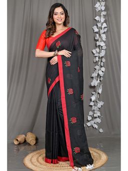DipDiya - Black Embroidered Pure Cotton Saree with Unstitched Blouse