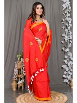 DipDiya - Red Embroidered Pure Cotton Saree with Unstitched Blouse
