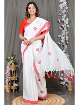 DipDiya - White Embroidered Pure Cotton Saree with Unstitched Blouse