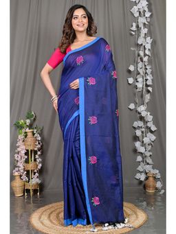 DipDiya - Navy Blue Embroidered Pure Cotton Saree with Unstitched Blouse