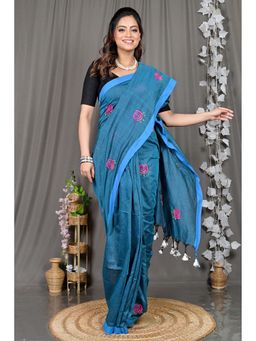 DipDiya - Blue Embroidered Pure Cotton Saree with Unstitched Blouse