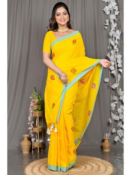 DipDiya - Yellow Embroidered Pure Cotton Saree with Unstitched Blouse