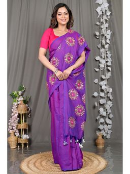 DipDiya - Purple Embroidered Pure Cotton Saree with Unstitched Blouse