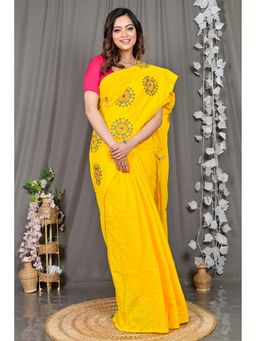 DipDiya - Yellow Embroidered Pure Cotton Saree with Unstitched Blouse