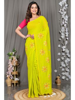 DipDiya - Green Embroidered Pure Cotton Saree with Unstitched Blouse