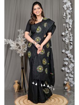 DipDiya - Black Embroidered Pure Cotton Saree with Unstitched Blouse