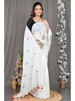 DipDiya - White Embroidered Pure Cotton Saree with Unstitched Blouse