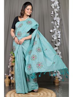 DipDiya - Blue Embroidered Pure Cotton Saree with Unstitched Blouse