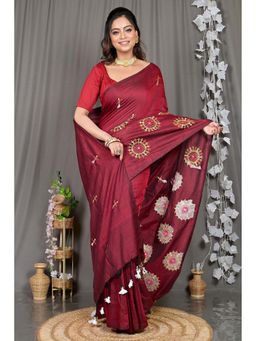 DipDiya - Maroon Embroidered Pure Cotton Saree with Unstitched Blouse