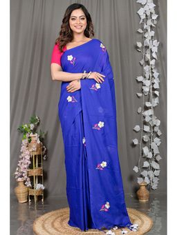 DipDiya - Blue Embroidered Pure Cotton Saree with Unstitched Blouse