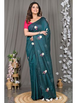 DipDiya - Teal Embroidered Pure Cotton Saree with Unstitched Blouse