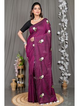 DipDiya - Wine Embroidered Pure Cotton Saree with Unstitched Blouse