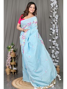 DipDiya - Blue Embroidered Cotton Blend Saree with Unstitched Blouse