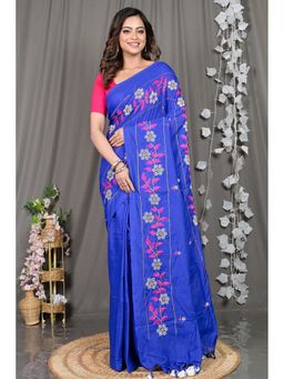 DipDiya - Navy Blue Embroidered Cotton Blend Saree with Unstitched Blouse