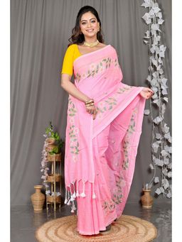 DipDiya - Pink Embroidered Cotton Blend Saree with Unstitched Blouse