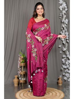DipDiya - Maroon Embroidered Cotton Blend Saree with Unstitched Blouse