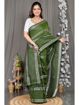 DipDiya - Green Woven Cotton Blend Saree with Unstitched Blouse