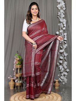 DipDiya - Maroon Woven Cotton Blend Saree with Unstitched Blouse