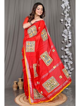 DipDiya - Red Woven Cotton Blend Saree with Unstitched Blouse