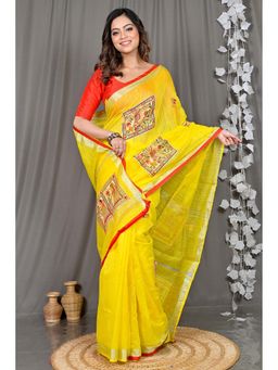 DipDiya - Yellow Woven Cotton Blend Saree with Unstitched Blouse
