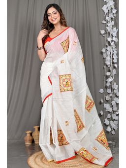 DipDiya - White Woven Cotton Blend Saree with Unstitched Blouse