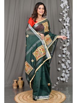 DipDiya - Green Woven Cotton Blend Saree with Unstitched Blouse