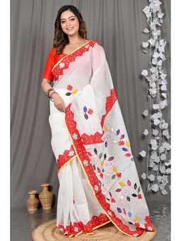 DipDiya - White Woven Cotton Blend Saree with Unstitched Blouse