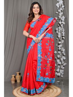 DipDiya - Red Woven Cotton Blend Saree with Unstitched Blouse