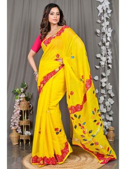 DipDiya - Yellow Woven Cotton Blend Saree with Unstitched Blouse