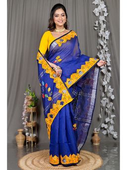 DipDiya - Navy Blue Woven Cotton Blend Saree with Unstitched Blouse