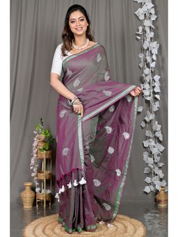 DipDiya - Purple Embroidered Cotton Blend Saree with Unstitched Blouse