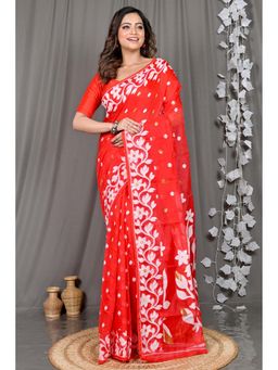 DipDiya - Red Floral Cotton Blend Saree with Unstitched Blouse