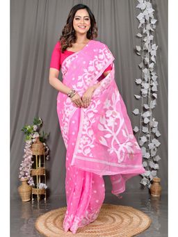 DipDiya - Pink Floral Cotton Blend Saree with Unstitched Blouse