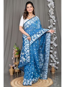 DipDiya - Blue Floral Cotton Blend Saree with Unstitched Blouse