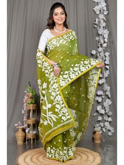 DipDiya - Green Floral Cotton Blend Saree with Unstitched Blouse