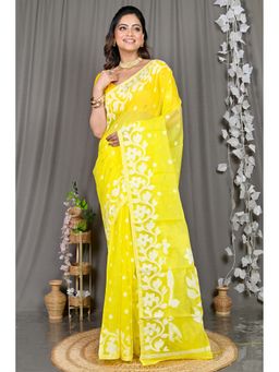 DipDiya - Yellow Floral Cotton Blend Saree with Unstitched Blouse