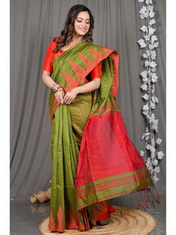 DipDiya - Green Woven Cotton Blend Saree with Unstitched Blouse