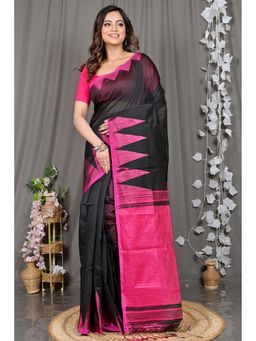 DipDiya - Black Woven Cotton Blend Saree with Unstitched Blouse