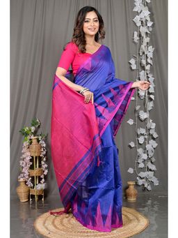 DipDiya - Navy Blue Woven Cotton Blend Saree with Unstitched Blouse
