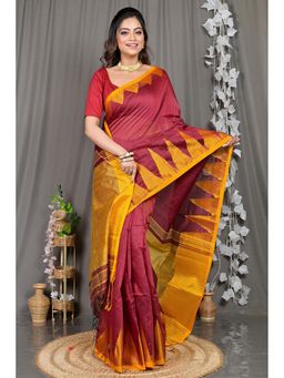 DipDiya - Maroon Woven Cotton Blend Saree with Unstitched Blouse