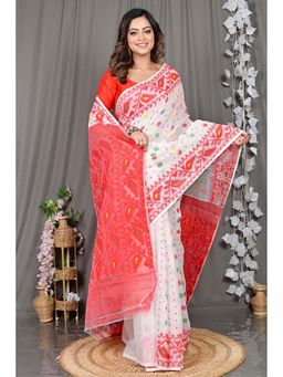 DipDiya - White Floral Cotton Silk Saree with Unstitched Blouse