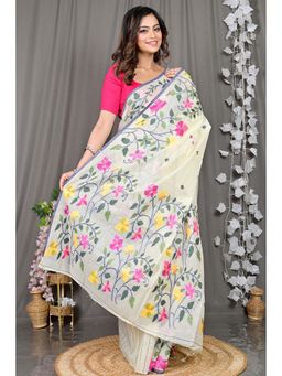DipDiya - White Floral Cotton Silk Saree with Unstitched Blouse