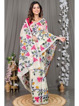 DipDiya - White Floral Cotton Silk Saree with Unstitched Blouse
