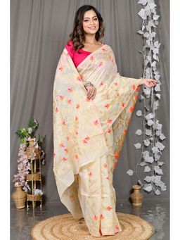 DipDiya - Off White Floral Cotton Silk Saree with Unstitched Blouse
